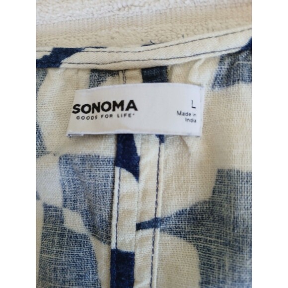 Sonoma Womens Blouse Large Linen Blend Blue Beige Sleeveless Coastal Beach - Picture 13 of 14